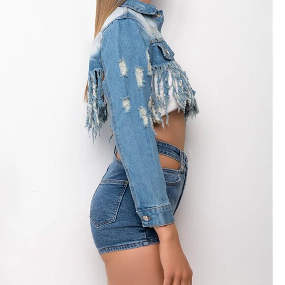 Callie Lives Miz Life Is Good: Fringe Distressed Crop Denim Jean Jacket L XL 1X - Picture 4 of 16